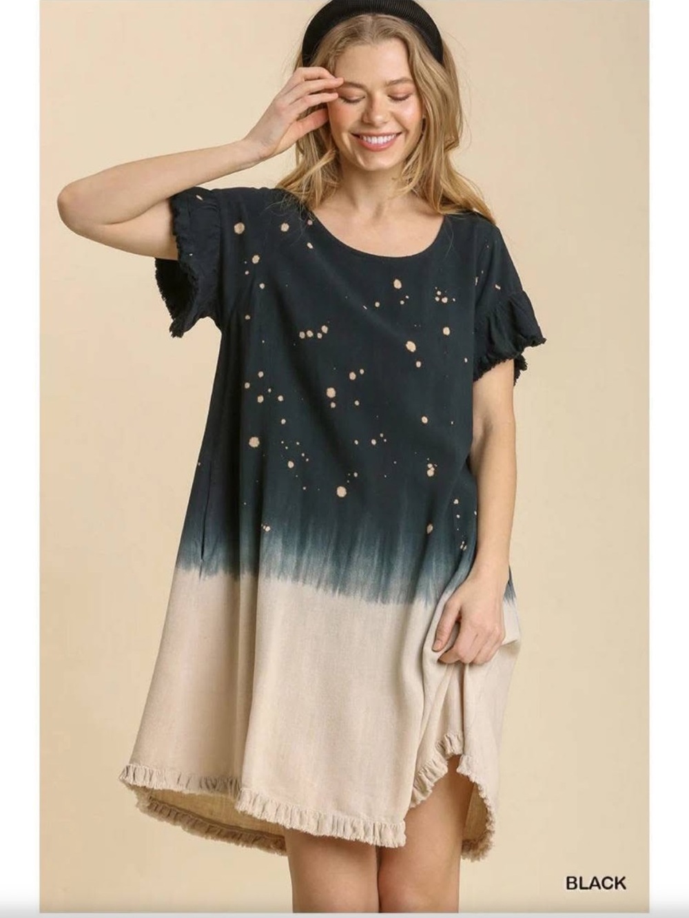 Umgee Linen Blend- Bleach Dip Dye-Ruffle Hem Dress Medium